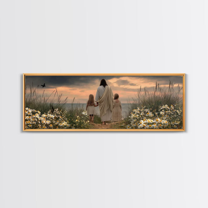 Daisies Of Peace | Framed Canvas Print | Panoramic Frame | Christian Art Canvas | Jesus Painting | Christian Wall Art | Christian Art Print