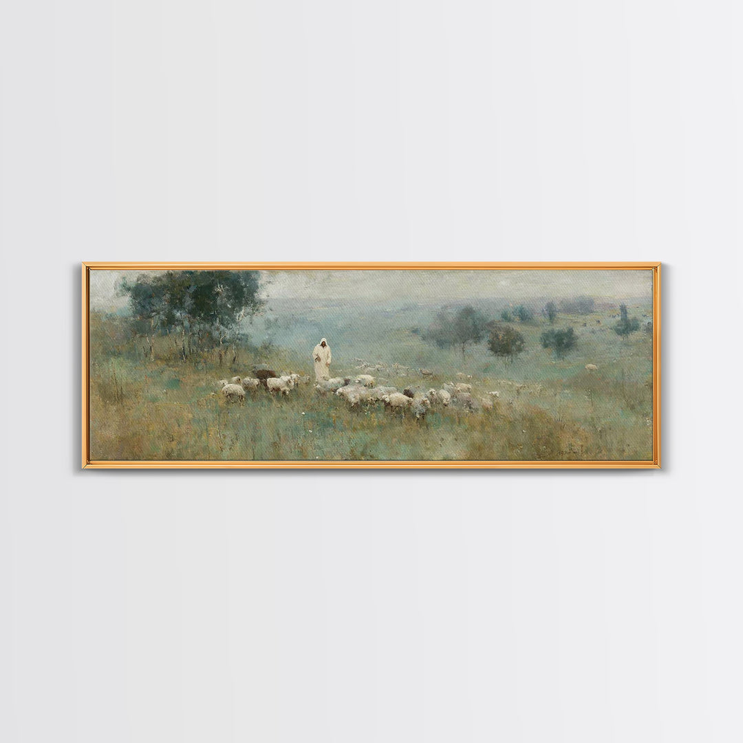 Pasture Of Grace | Framed Canvas Print | Panoramic Frame | Christian Art Canvas | Jesus Painting | Christian Christmas Art | Modern Christi