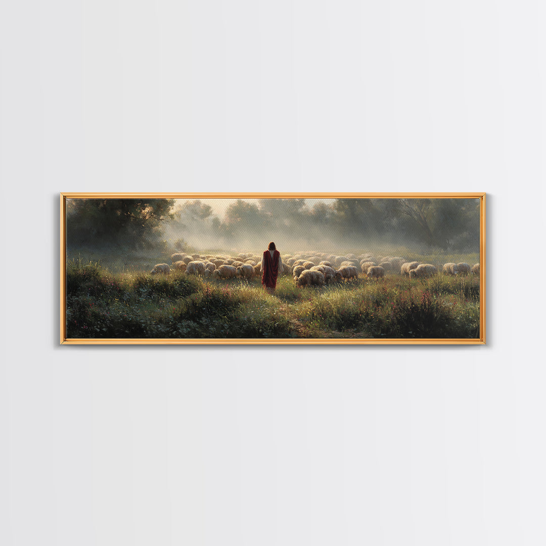 Morning Shepherd Light, Framed Canvas Print, Panoramic Wall Art, Christian Art Print, Large Jesus Painting, Christian Canvas Art, Subtle Ch