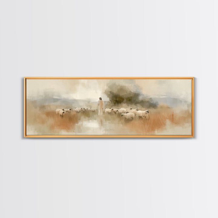 Eternal Shepherd Calm, Framed Canvas Print, Panoramic Print, Christian Art Print, Jesus Painting Canvas, Christian Christmas Art, Large Chr