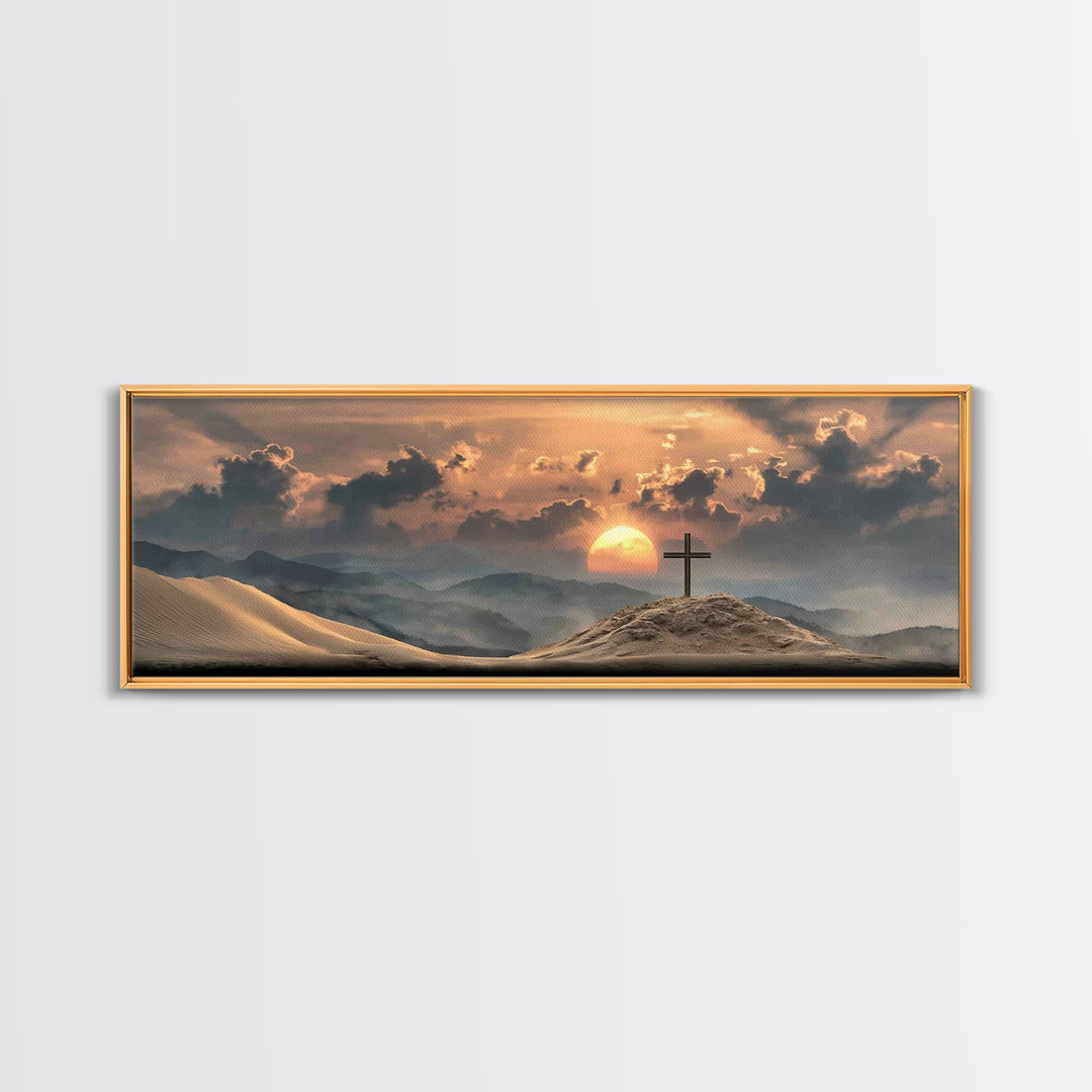 Desert Cross Dawn, Framed Canvas Print, Panoramic Wall Art, Christian Art Canvas, Christian Art Print, Modern Christian Art, Christian Deco