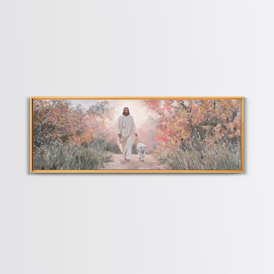 Autumn Shepherd Walk – Framed Canvas Print – Christian Art Canvas – Panoramic Wall Art – Jesus Painting – Christian Wall Art