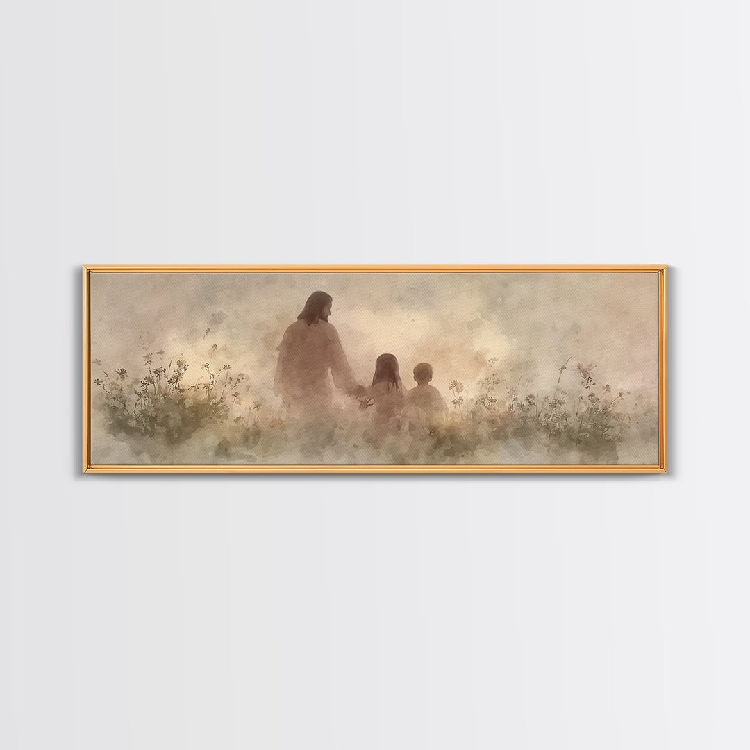 Heaven’s Meadow Walk | Framed Canvas Print | Christian Art Canvas | Panoramic Wall Art | Jesus Painting | Christian Wall Art