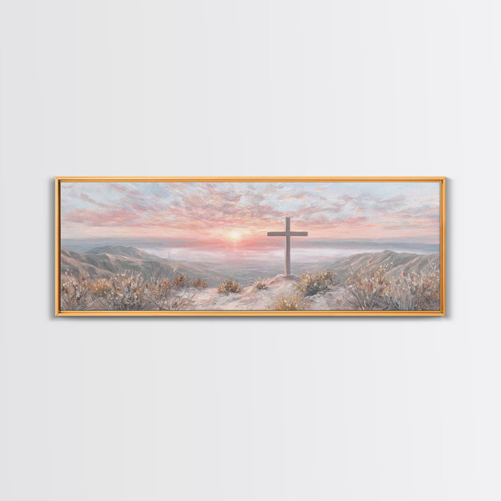 Sunrise At Calvary – Framed Canvas Print – Panoramic Painting – Christian Art Canvas – Christian Wall Art – Christian Gift Ideas – Modern C