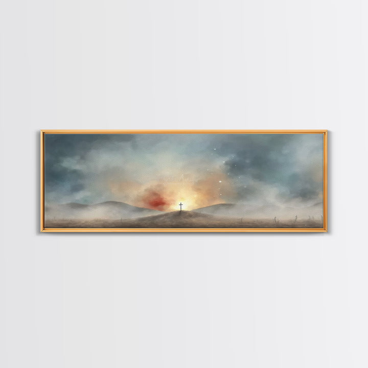 Risen Light Promise, Framed Canvas Print, Panoramic Art, Christian Wall Art, Christian Art Canvas, Blue Christian Art, Christian Art Work,