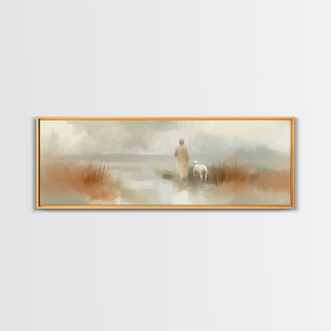Quiet Waters Grace, Framed Canvas Print, Panoramic Frame, Christian Art Canvas, Jesus Painting, Christian Wall Art, Christian Christmas Art
