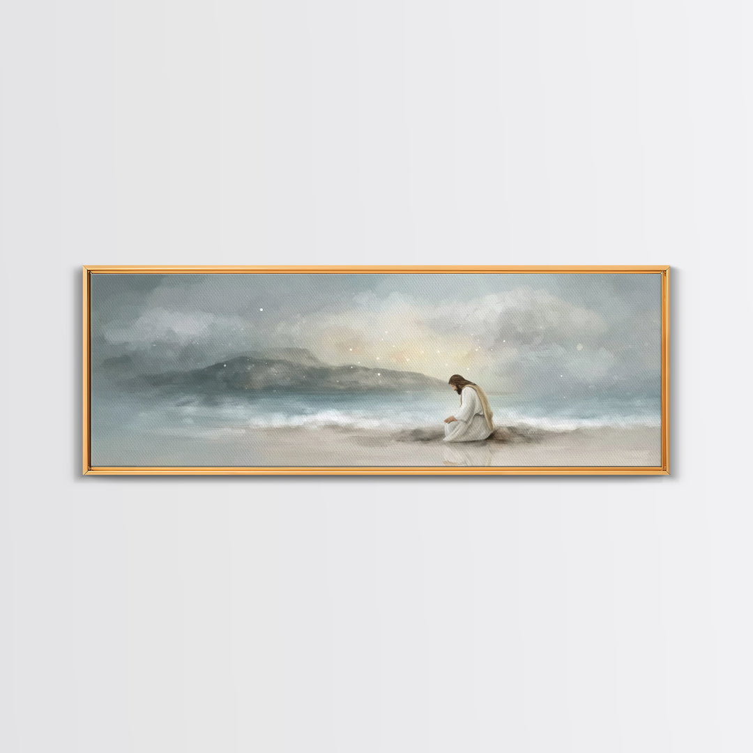 Shoreline Reverence - Framed Canvas Print - Christian Wall Art - Jesus Painting - Panoramic Art - Christian Art Canvas - Christmas Art
