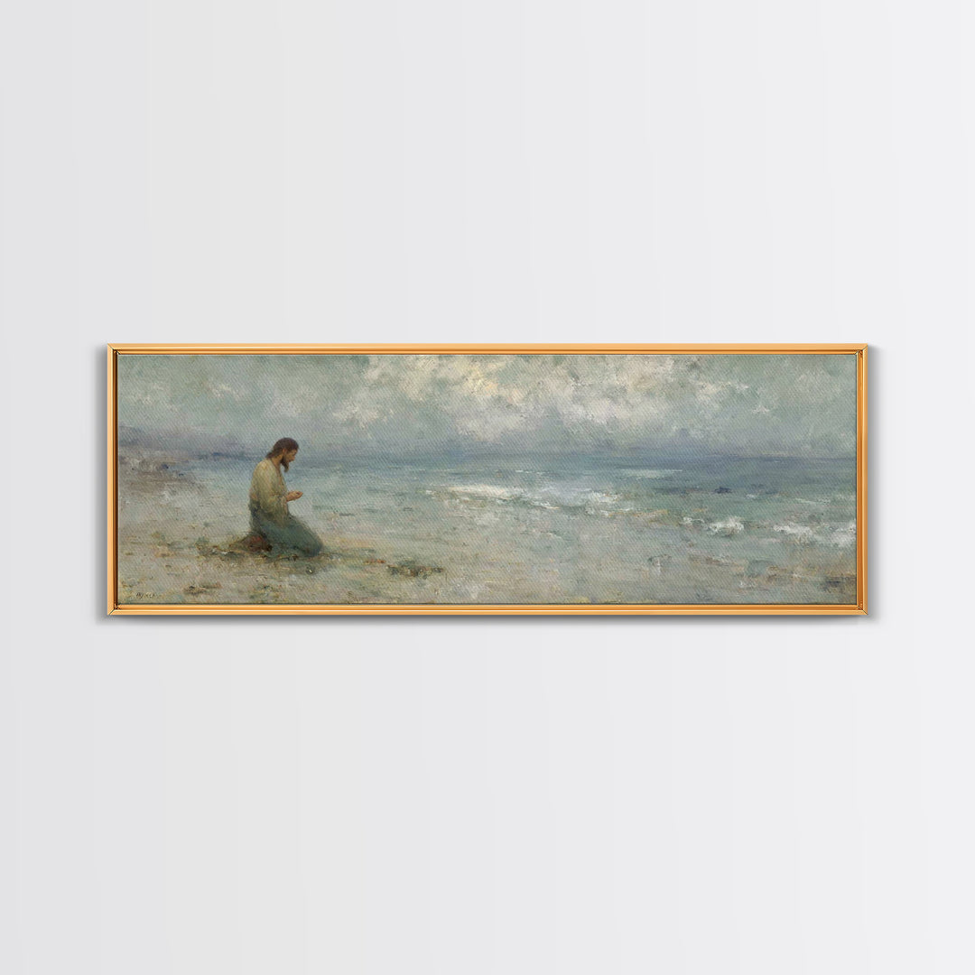 Gentle Shore Grace - Framed Canvas Print - Panoramic Frame - Christian Art Canvas - Jesus Painting - Christian Wall Art - Christmas Art