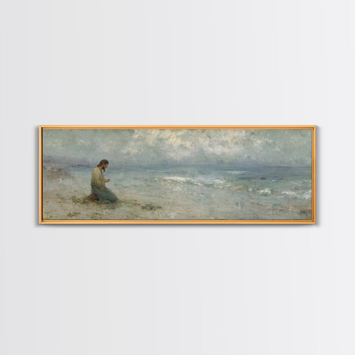 Gentle Shore Grace - Framed Canvas Print - Panoramic Frame - Christian Art Canvas - Jesus Painting - Christian Wall Art - Christmas Art