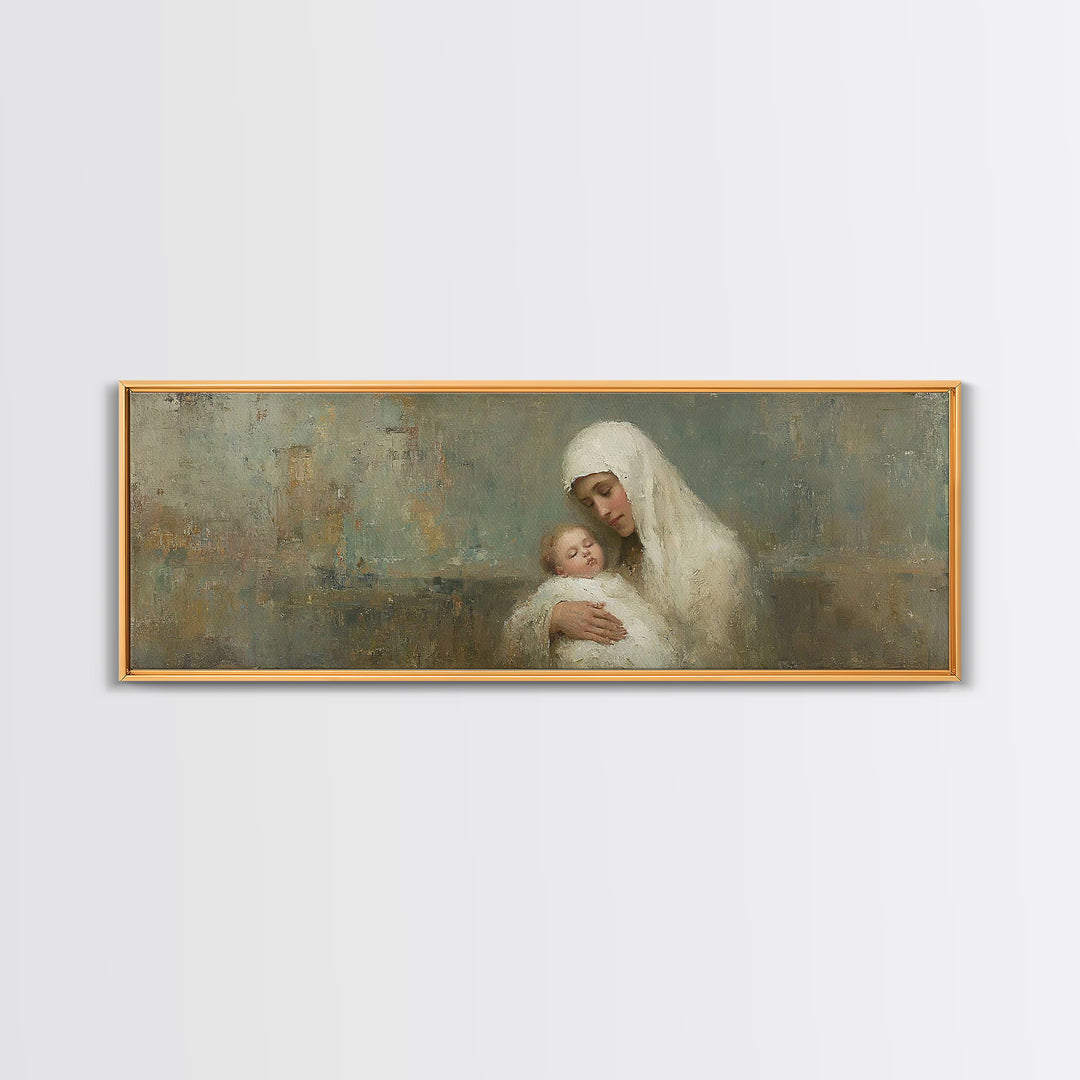 Silent Mercy Embrace - Framed Canvas Print - Panoramic Painting - Christian Wall Art - Mary And Jesus Painting - Christian Art Canvas - Chr