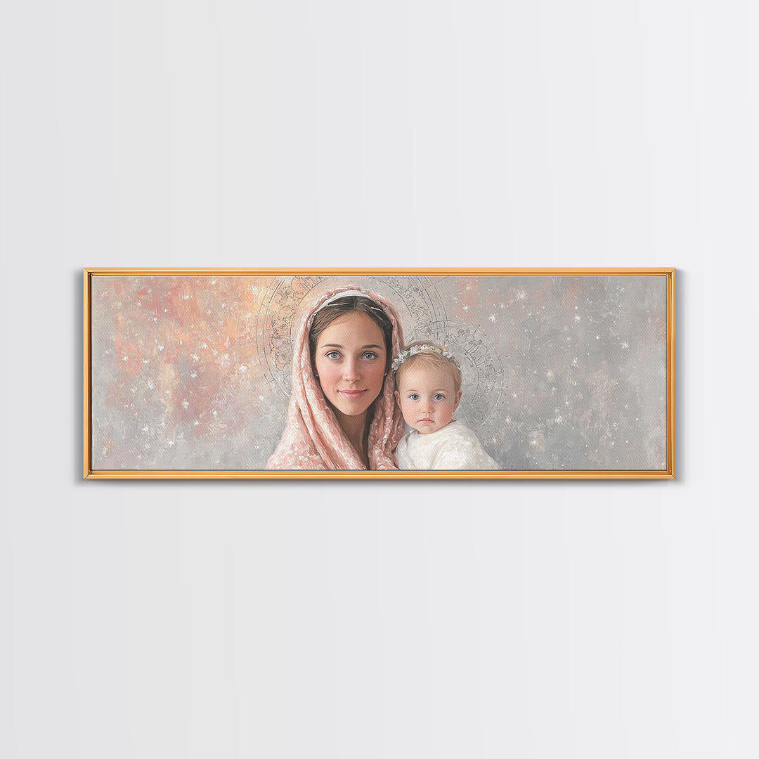 Radiant Holy Innocence | Framed Canvas Print | Panoramic Wall Art | Christian Art Canvas | Mary And Jesus Painting | Christian Christmas Ar