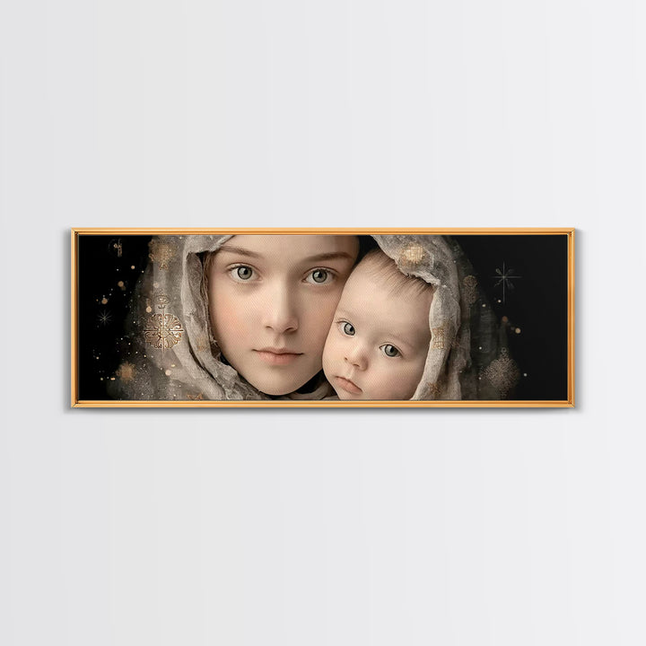 Gentle Heaven’s Hold - Framed Canvas Print - Panoramic Frame - Christian Art Canvas - Mary And Jesus Painting - Christian Wall Art - Christ