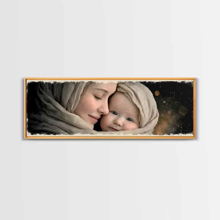 Timeless Sacred Gaze | Framed Canvas Print | Panoramic Painting | Mary And Jesus Painting | Christian Art Canvas | Christian Christmas Art
