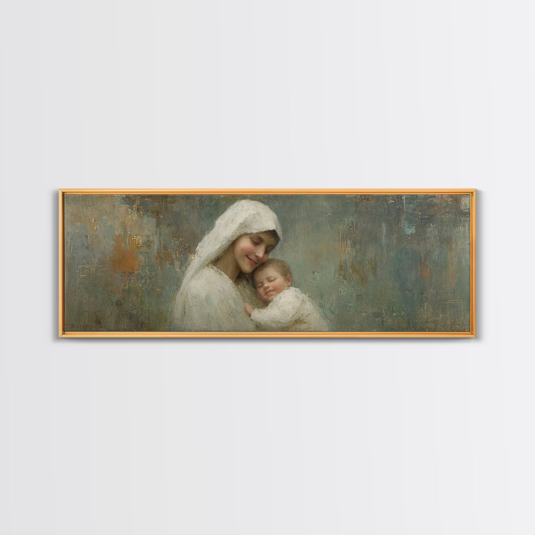 Holy Tender Joy, Framed Canvas Print, Panoramic Wall Art, Christian Art Canvas, Mary And Jesus Painting, Christmas Art, Christian Wall Art
