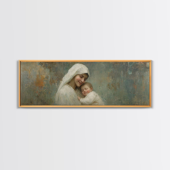 Holy Tender Joy, Framed Canvas Print, Panoramic Wall Art, Christian Art Canvas, Mary And Jesus Painting, Christmas Art, Christian Wall Art