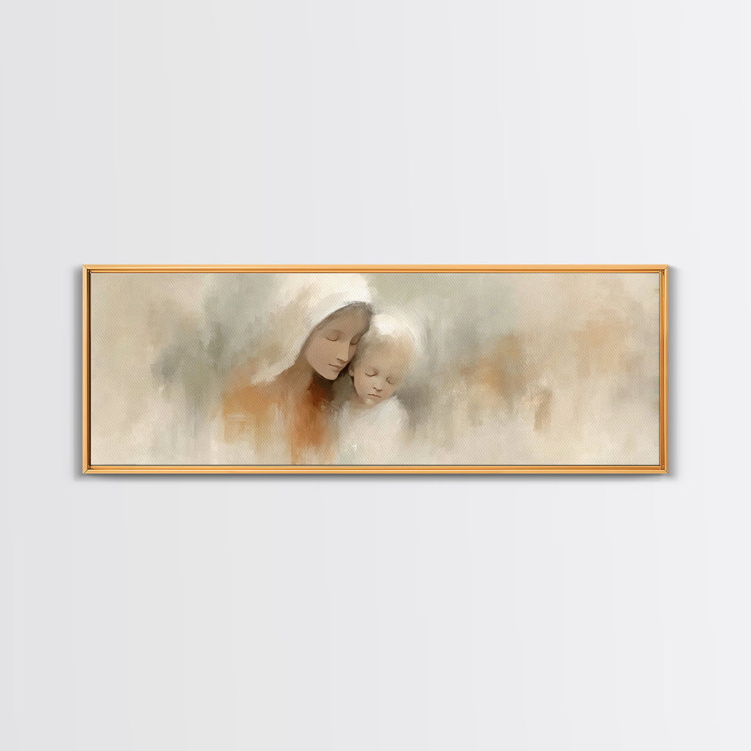 Hushed Bethlehem Love - Framed Canvas Print - Panoramic Print - Christian Wall Art - Mary And Jesus Painting - Christian Art Canvas - Chris
