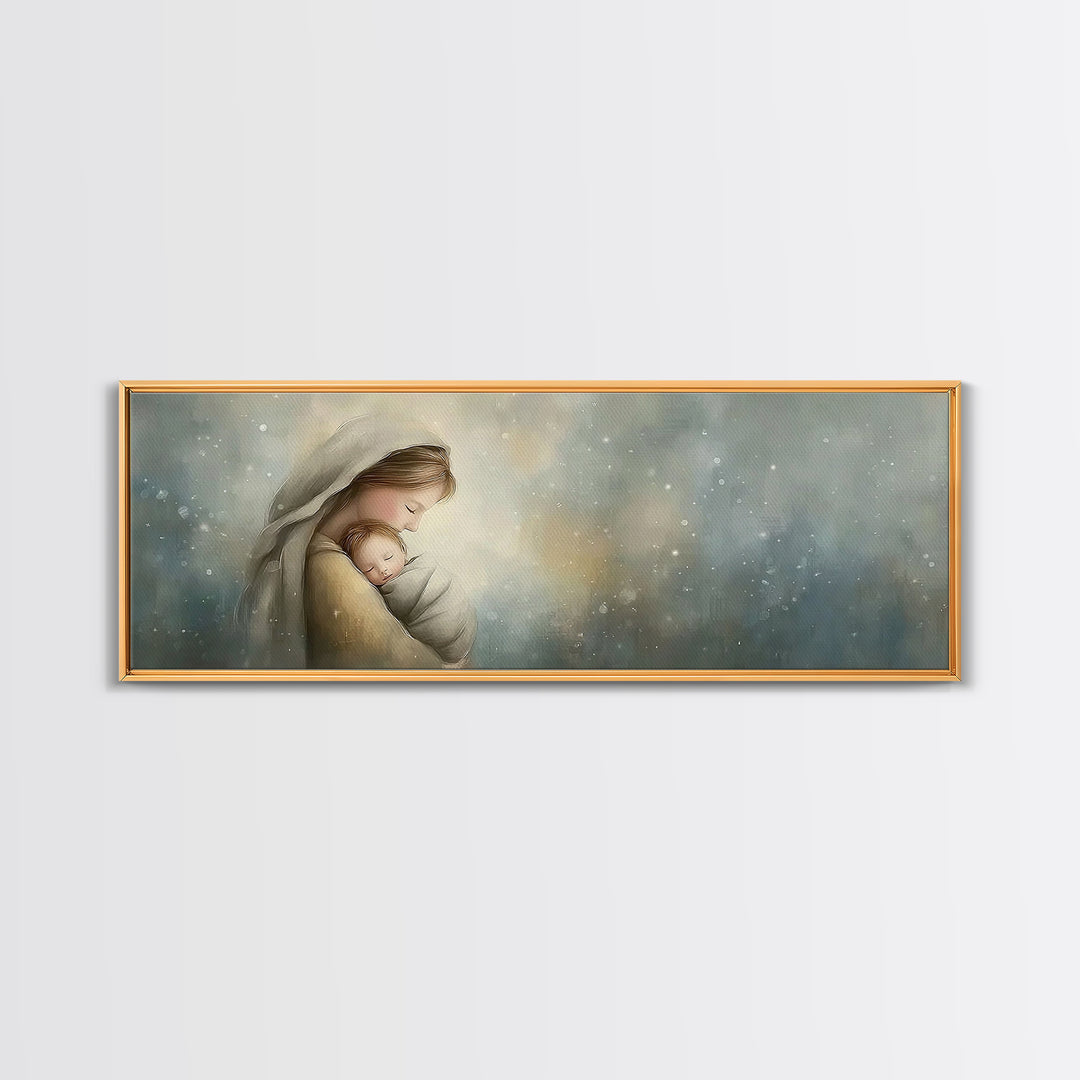 Blessed Winter Warmth, Framed Canvas Print, Panoramic Painting, Christian Art Canvas, Mary And Jesus Painting, Christian Wall Art, Christma