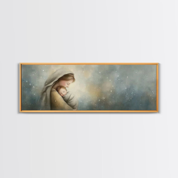 Blessed Winter Warmth, Framed Canvas Print, Panoramic Painting, Christian Art Canvas, Mary And Jesus Painting, Christian Wall Art, Christma