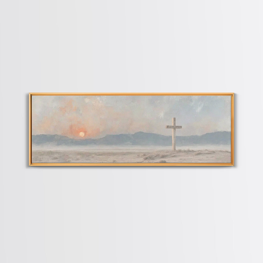 Quiet Cross Morning, Framed Canvas Print, Panoramic Painting, Christian Wall Art, Christian Art Canvas, Modern Christian Art, Christian Dec
