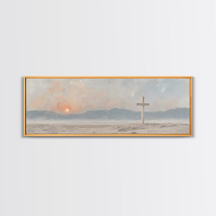 Quiet Cross Morning, Framed Canvas Print, Panoramic Painting, Christian Wall Art, Christian Art Canvas, Modern Christian Art, Christian Dec