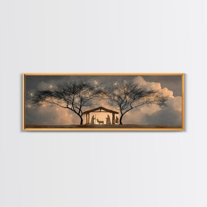 Evening Nativity Glow – Framed Canvas Print – Extra Wide Art – Christian Art – Christian Art Canvas – Christmas Wall Art – Jesus Christmas