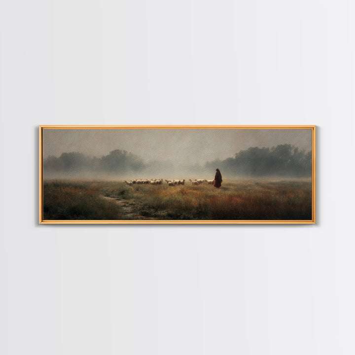 Misty Shepherd Field | Framed Canvas Print | Panoramic Painting | Christian Art Print | Christian Wall Art | Jesus Painting | Subtle Christ