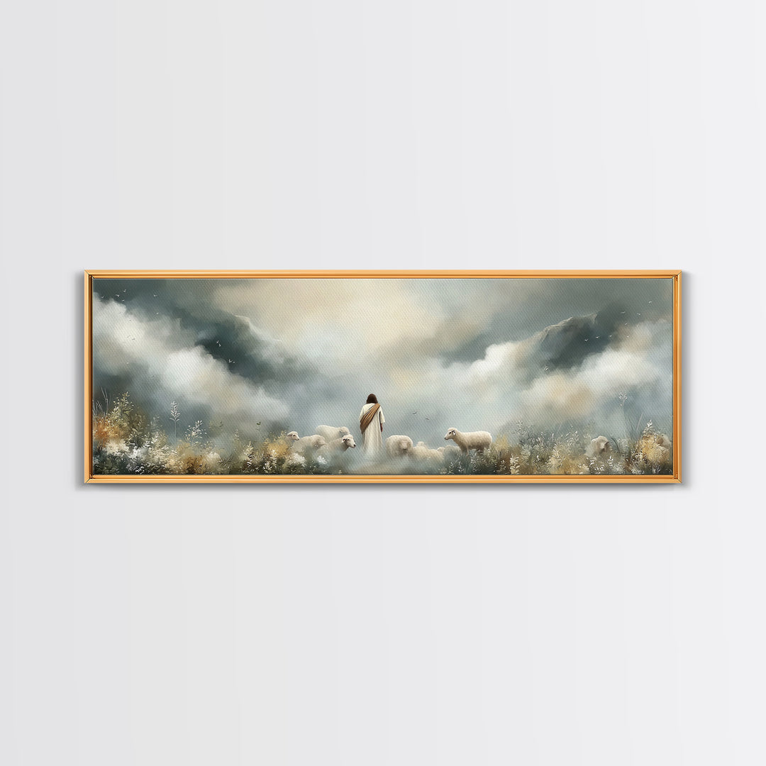 Hillside Shepherd Peace – Framed Canvas Print – Panoramic Frame – Christian Art – Christian Art Prints – Jesus Painting – Christian Wall Ar