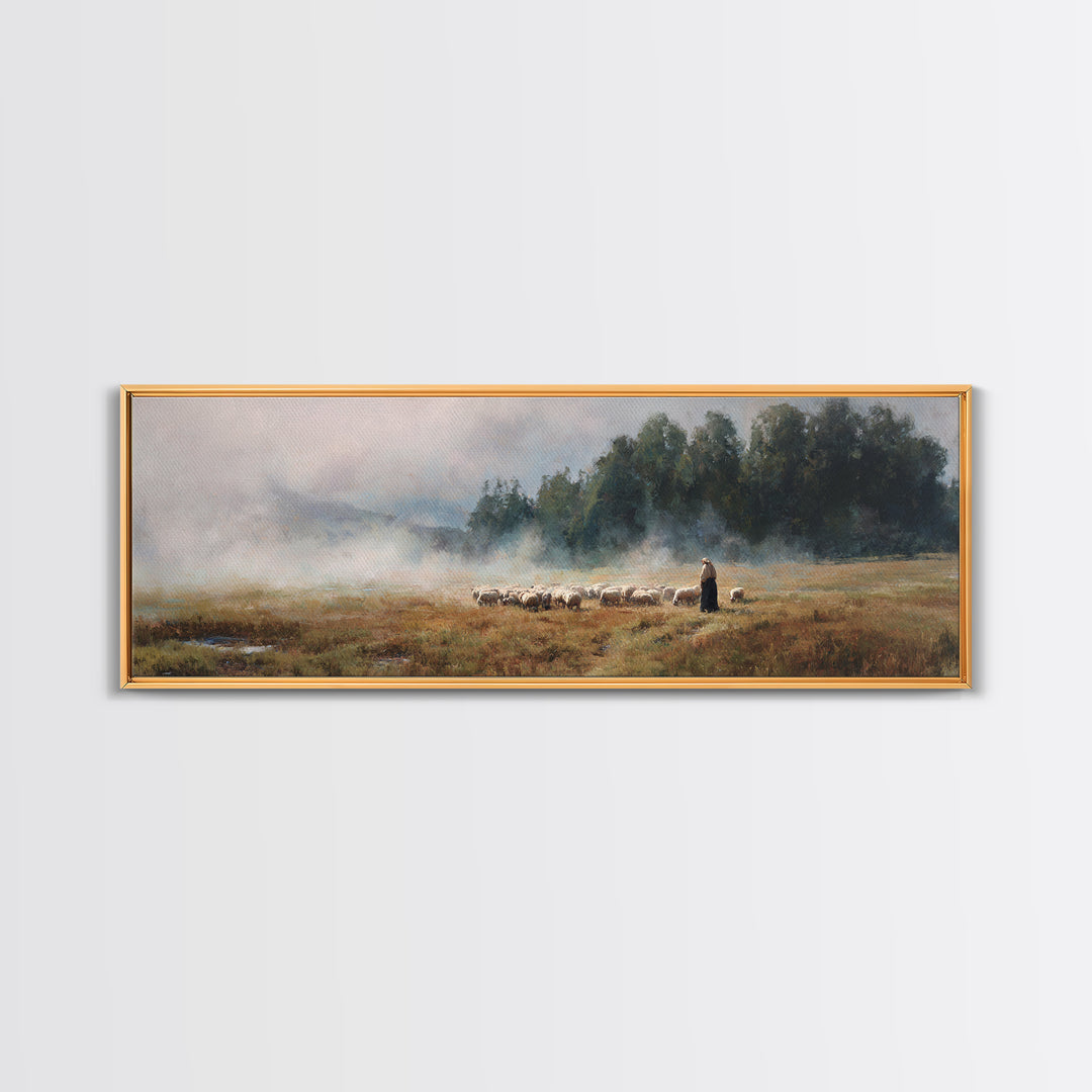 Morning Pasture Stillness | Framed Canvas Print | Panoramic Print | Christian Wall Art | Christian Art Canvas | Jesus Painting | Christian