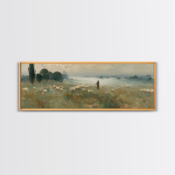 Wildflower Shepherd Path, Framed Canvas Print, Panoramic Art, Christian Wall Art, Jesus Painting, Christian Art Canvas, Vintage Christian A