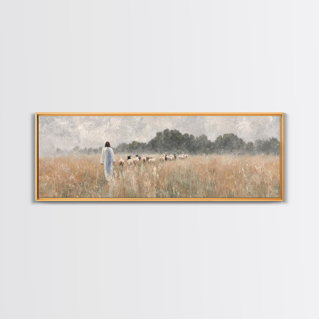 Golden Field Shepherd | Framed Canvas Print | Panoramic Wall Art | Christian Art | Jesus Painting | Christian Art Canvas | Modern Christian