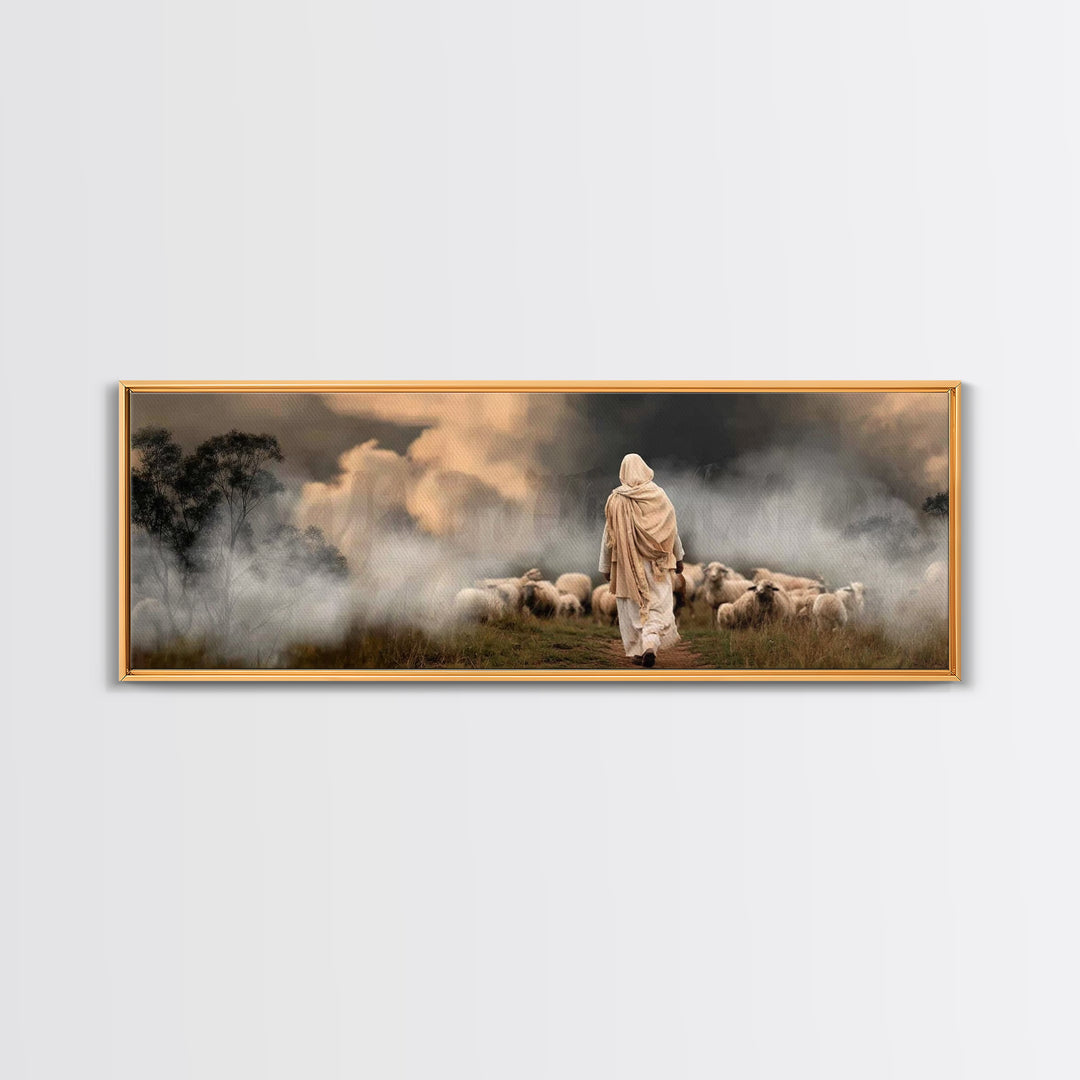 Twilight Shepherd Journey – Framed Canvas Print – Panoramic Art – Christian Art Canvas – Jesus Painting – Christian Wall Art – Moody Christ