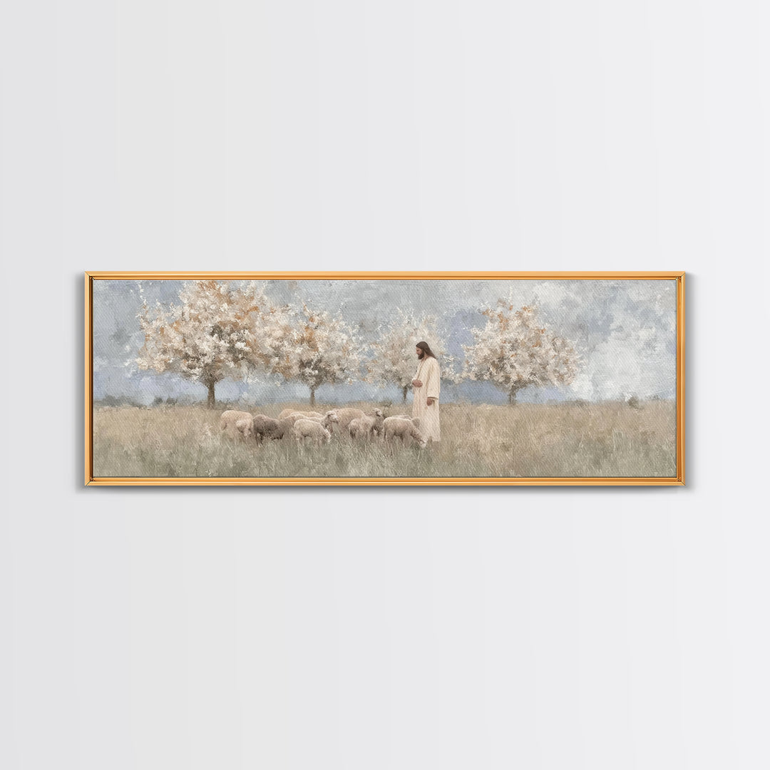 The Gentle Shepherd, Framed Canvas Print, Christian Art, Jesus Painting, Panoramic Wall Art, Christian Art Canvas, Christmas Art