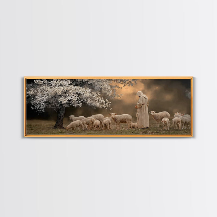 Springtime Shepherd, Framed Canvas Print, Christian Wall Art, Jesus Painting, Panoramic Painting, Christian Art Canvas, Christian Christmas