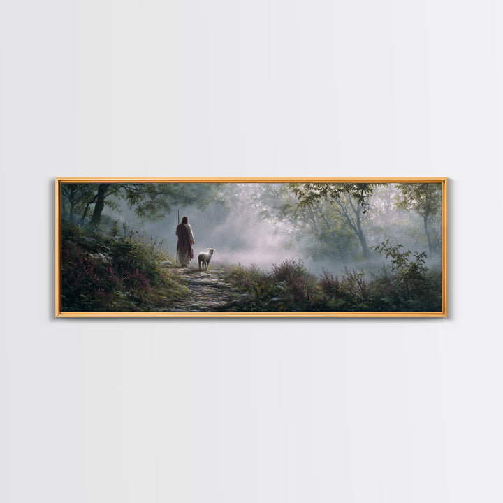 Forest Dawn Path, Framed Canvas Print, Panoramic Painting, Christian Wall Art, Jesus Painting, Christian Art Canvas, Christian Christmas Ar