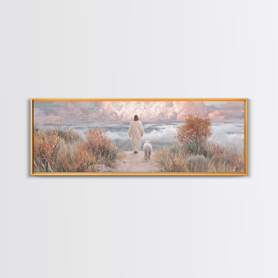 Golden Horizon Walk | Framed Canvas Print | Panoramic Frame | Christian Wall Art | Jesus Painting | Christian Art Canvas | Christmas Art