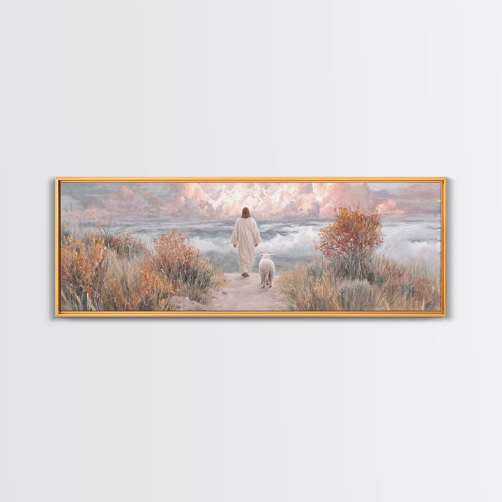 Golden Horizon Walk | Framed Canvas Print | Panoramic Frame | Christian Wall Art | Jesus Painting | Christian Art Canvas | Christmas Art
