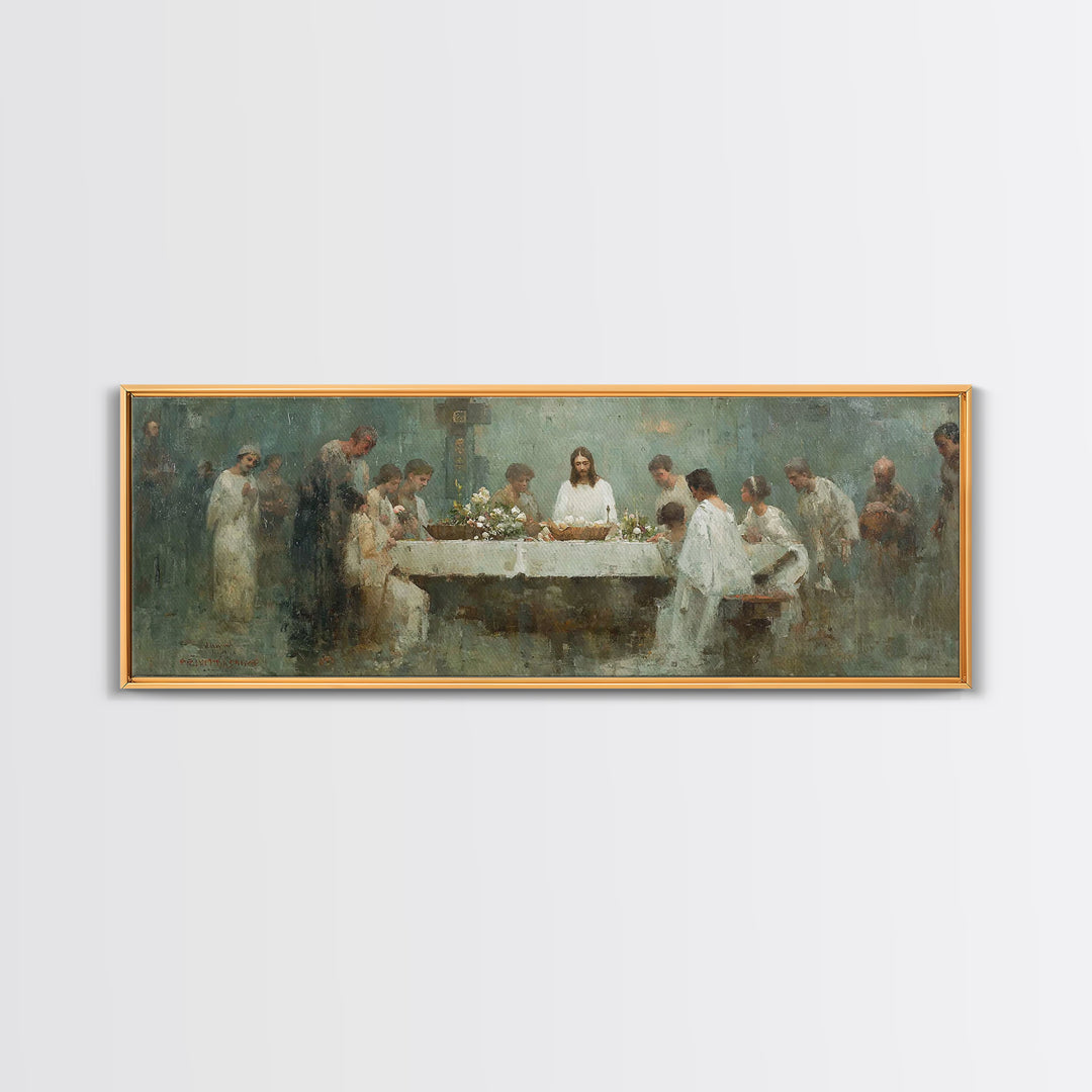 Sacred Table Gathering | Framed Canvas Print | Christian Wall Art | Panoramic Art | Christian Art Canvas | Jesus Painting | Christian Chris