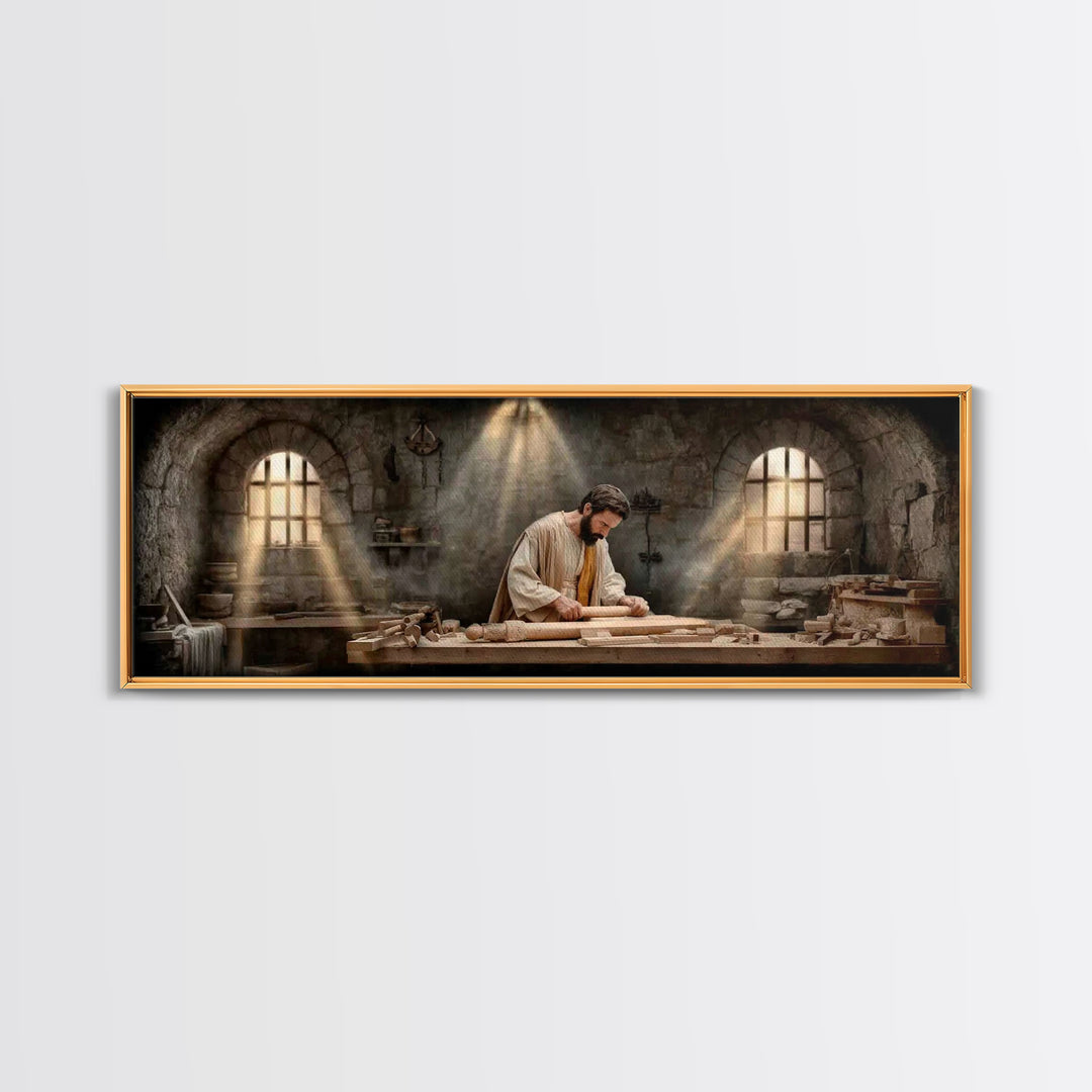Carpenter Of Grace, Framed Canvas Print, Christian Art Canvas, Panoramic Painting, Christian Wall Art, Jesus Painting, Christian Christmas