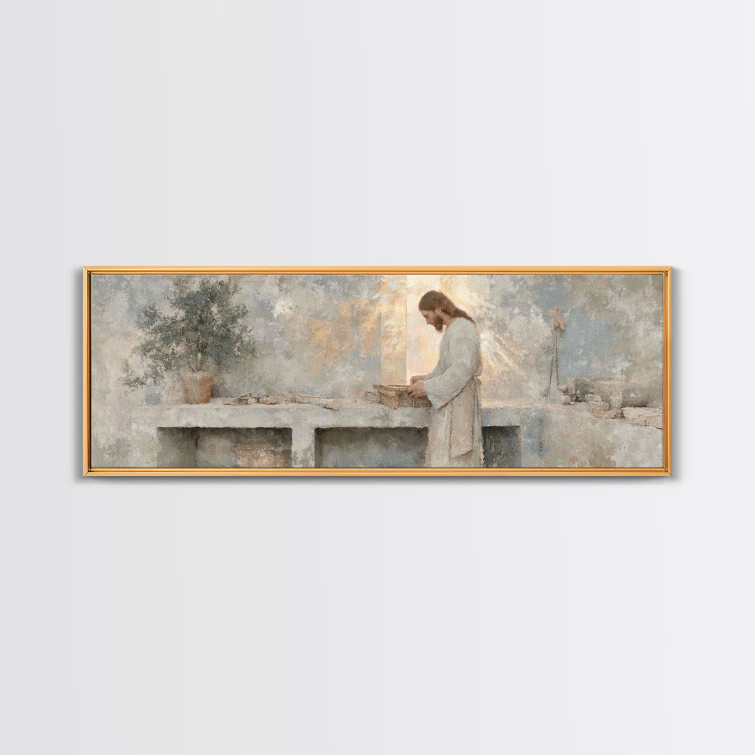 Light Of The Craftsman – Framed Canvas Print – Christian Art Canvas – Panoramic Art – Christian Wall Art – Jesus Painting – Christian Decor