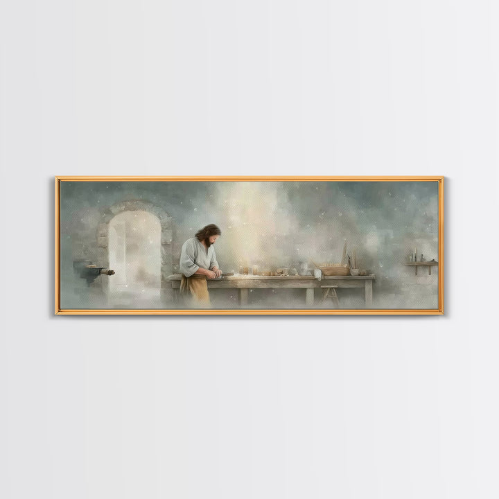 Holy Workbench Glow | Framed Canvas Print | Christian Wall Art | Panoramic Painting | Christian Art Canvas | Jesus Painting | Christian Art