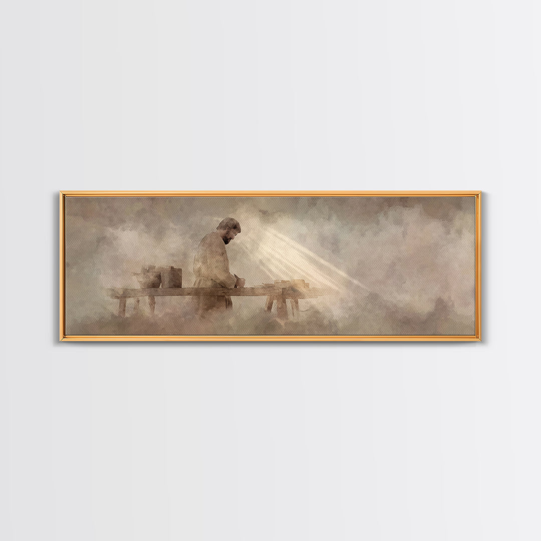 Radiant Carpenter Dawn, Framed Canvas Print, Christian Wall Art, Jesus Painting, Panoramic Wall Art, Christian Art Canvas, Christian Art