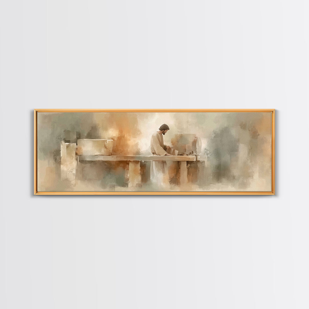 Heavenly Carpenter – Framed Canvas Print – Christian Wall Art – Christian Art Canvas – Jesus Painting – Panoramic Art – Christian Christmas