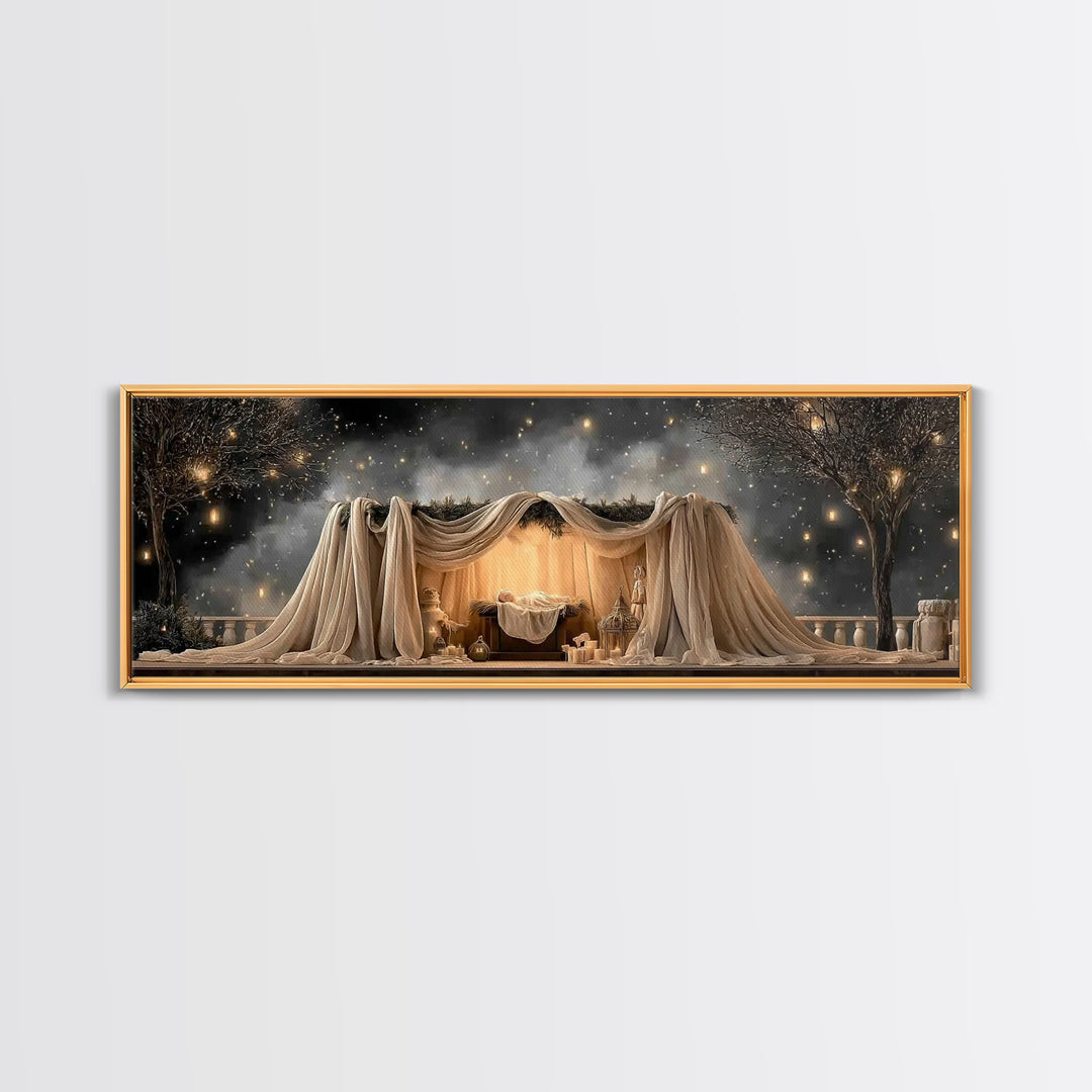 Silent Nativity, Framed Canvas Print, Christian Art Canvas, Christian Wall Art, Panoramic Art, Christmas Art, Christian Christmas Decor