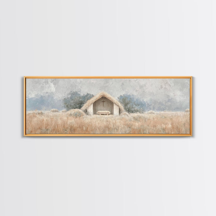 Fieldside Manger | Framed Canvas Print | Christian Wall Art | Christian Art Canvas | Panoramic Art | Christmas Art | Christian Christmas De