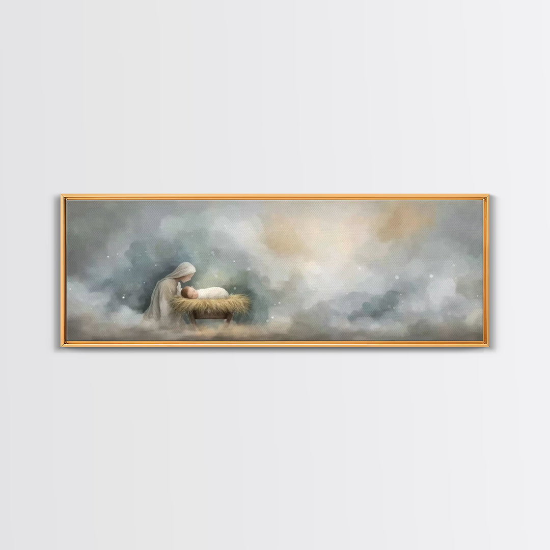 Mary’s Vigil, Framed Canvas Print, Christian Art Canvas, Christian Wall Art, Panoramic Painting, Jesus Christmas Art, Christian Gift