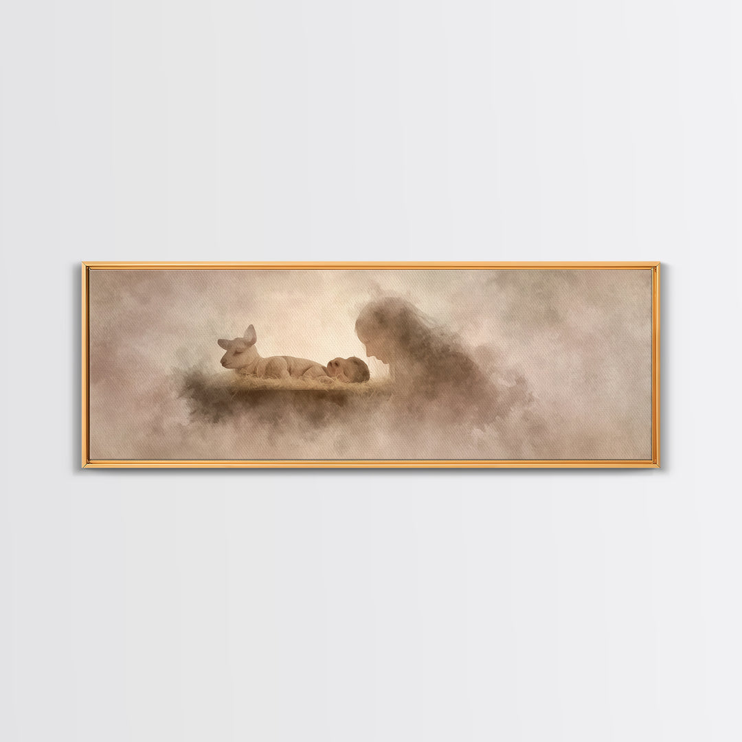 Silent Manger Light | Framed Canvas Print | Christmas Wall Art | Christian Art Canvas | Christian Christmas Art | Panoramic Print | Jesus P