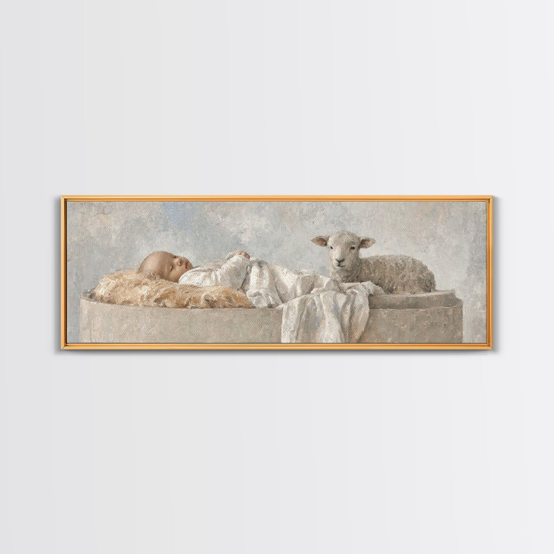 Holy Cradle Calm, Framed Canvas Print, Christian Wall Art, Christian Art Canvas, Christmas Art, Panoramic Painting, Jesus Christmas Art