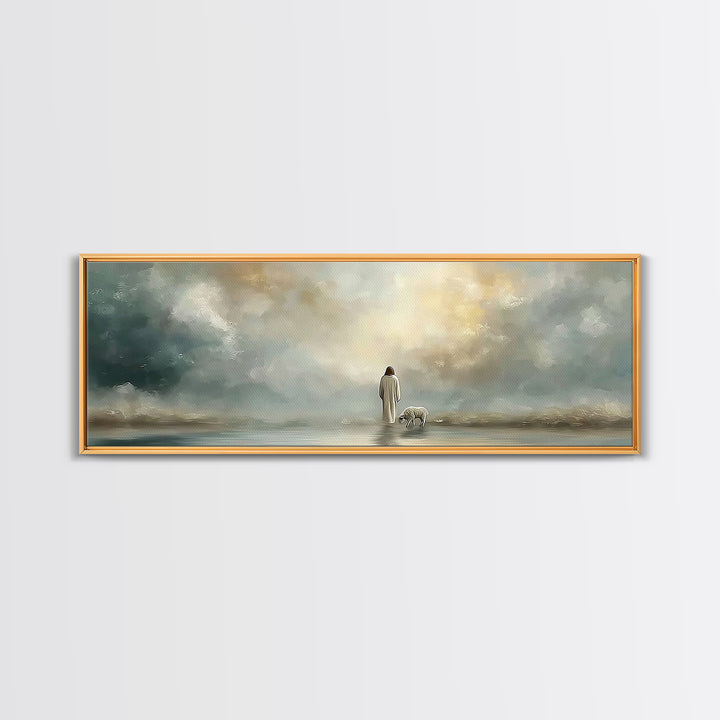 Heavenly Pasture Light | Framed Canvas Print | Panoramic Painting | Christian Wall Art | Christian Art Canvas | Jesus Art Print | Christian
