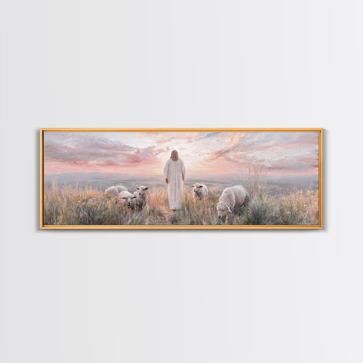 Dawn Among The Flock | Framed Canvas Print | Panoramic Wall Art | Christian Wall Art | Christian Art Canvas | Christian Painting | Jesus Ar