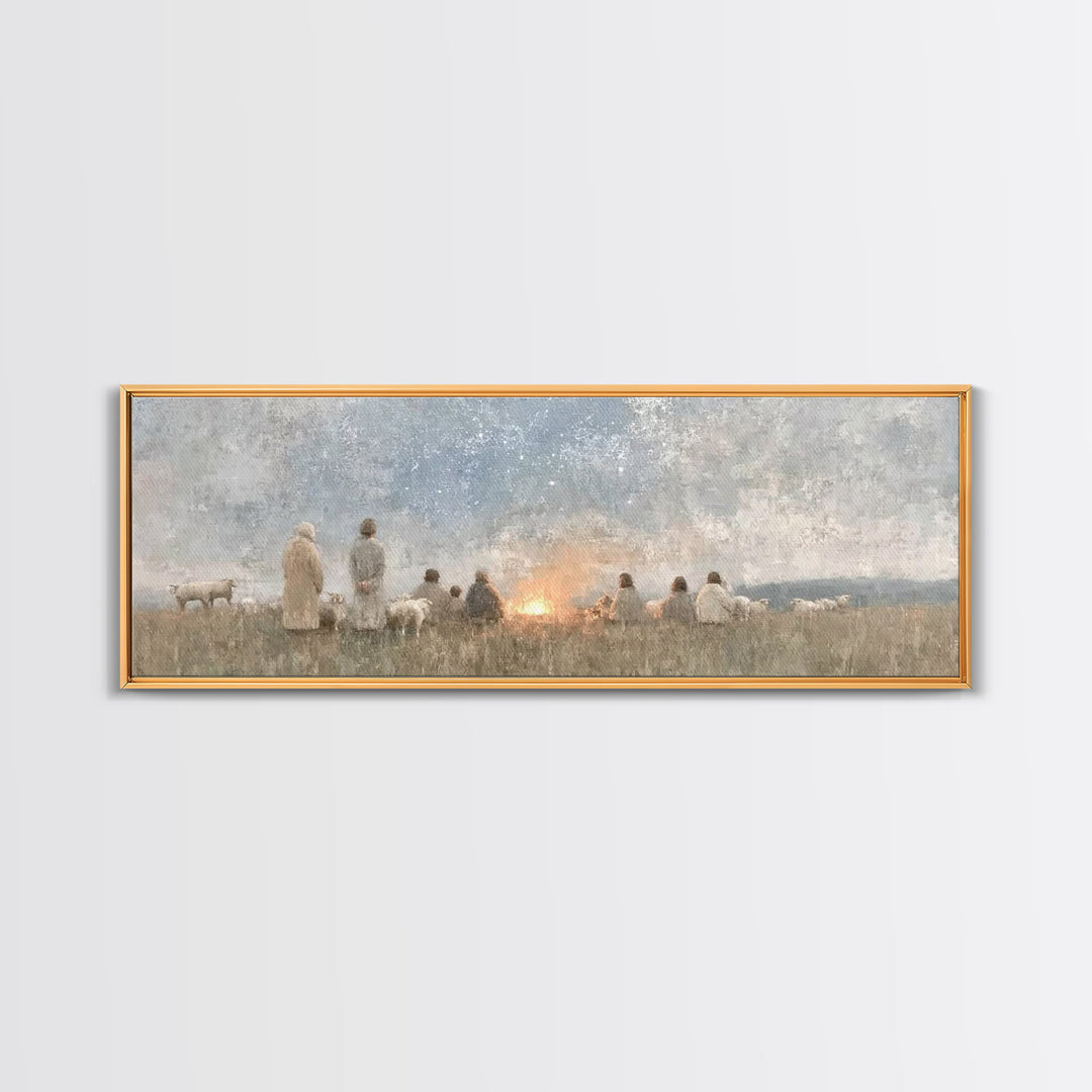 Quiet Field Gathering – Framed Canvas Print – Panoramic Painting – Christian Art – Vintage Christmas Art – Christian Wall Art – Subtle Chri